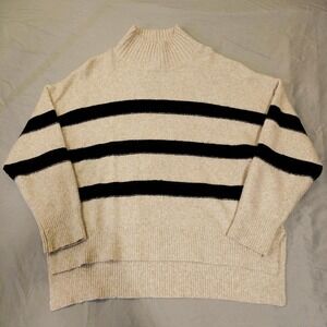 Line & Dot Striped Mock Neck Sweater Heather Cream Black LT4027B Womens Large